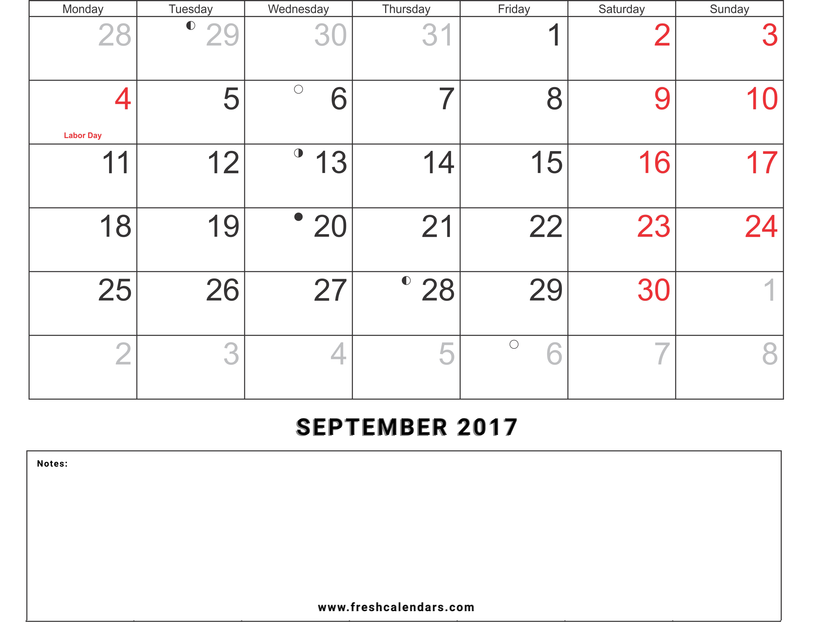 2017 September Calendar With Holidays Daylight Savings and Notes