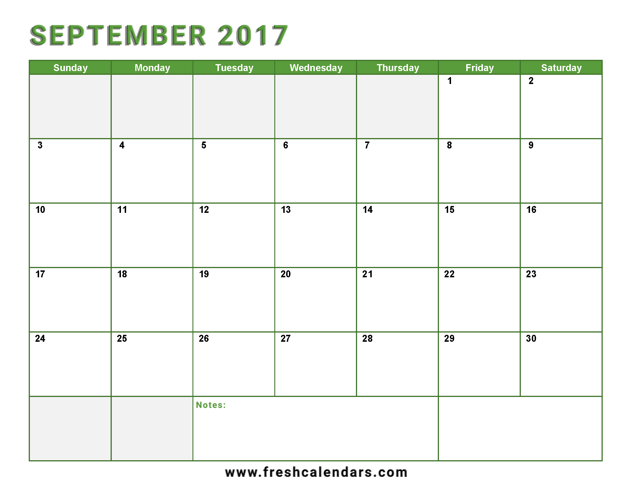 September 2017 Calendar Green Color Printable Free With Notes