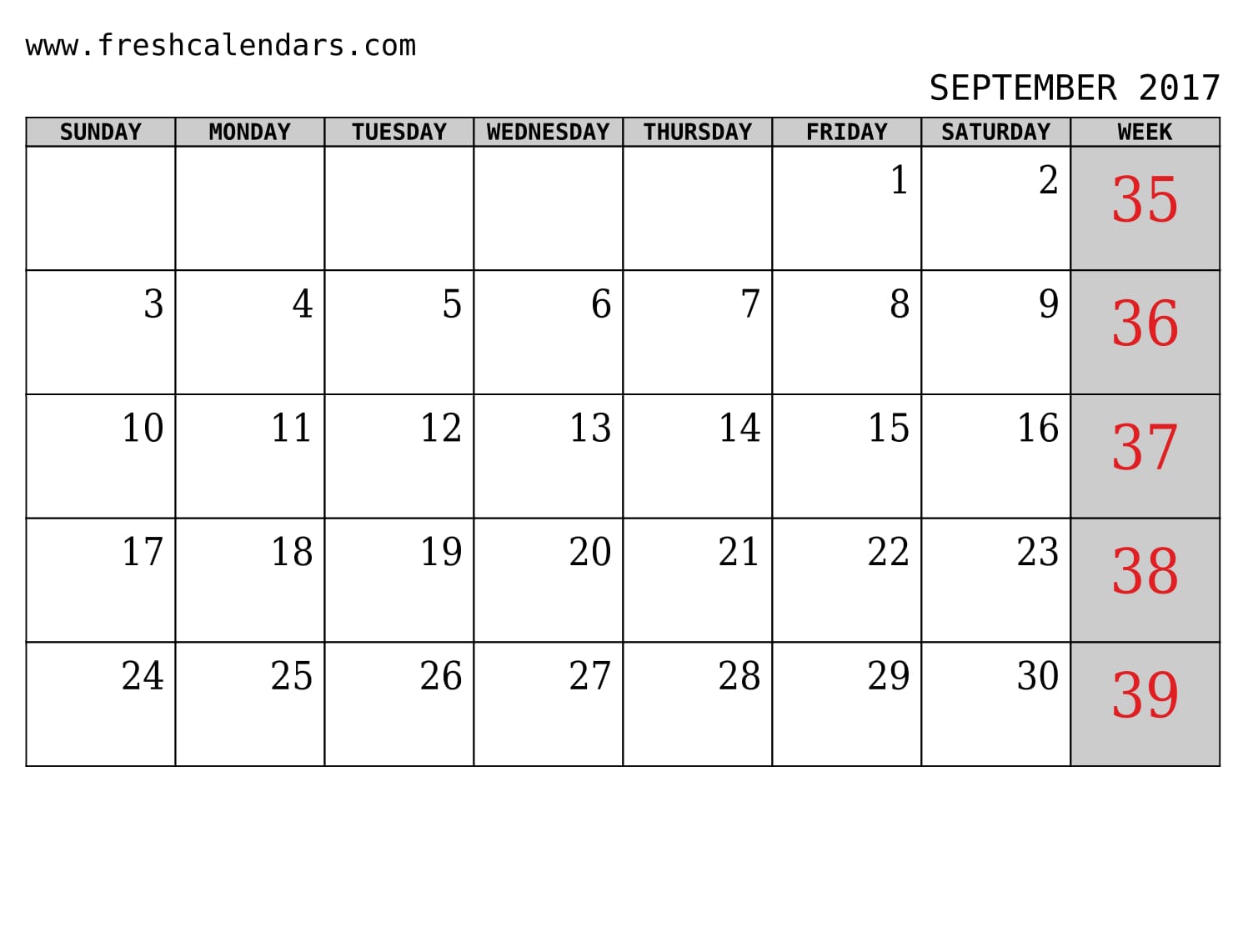 September 2017 Calendar With Week Template Printables