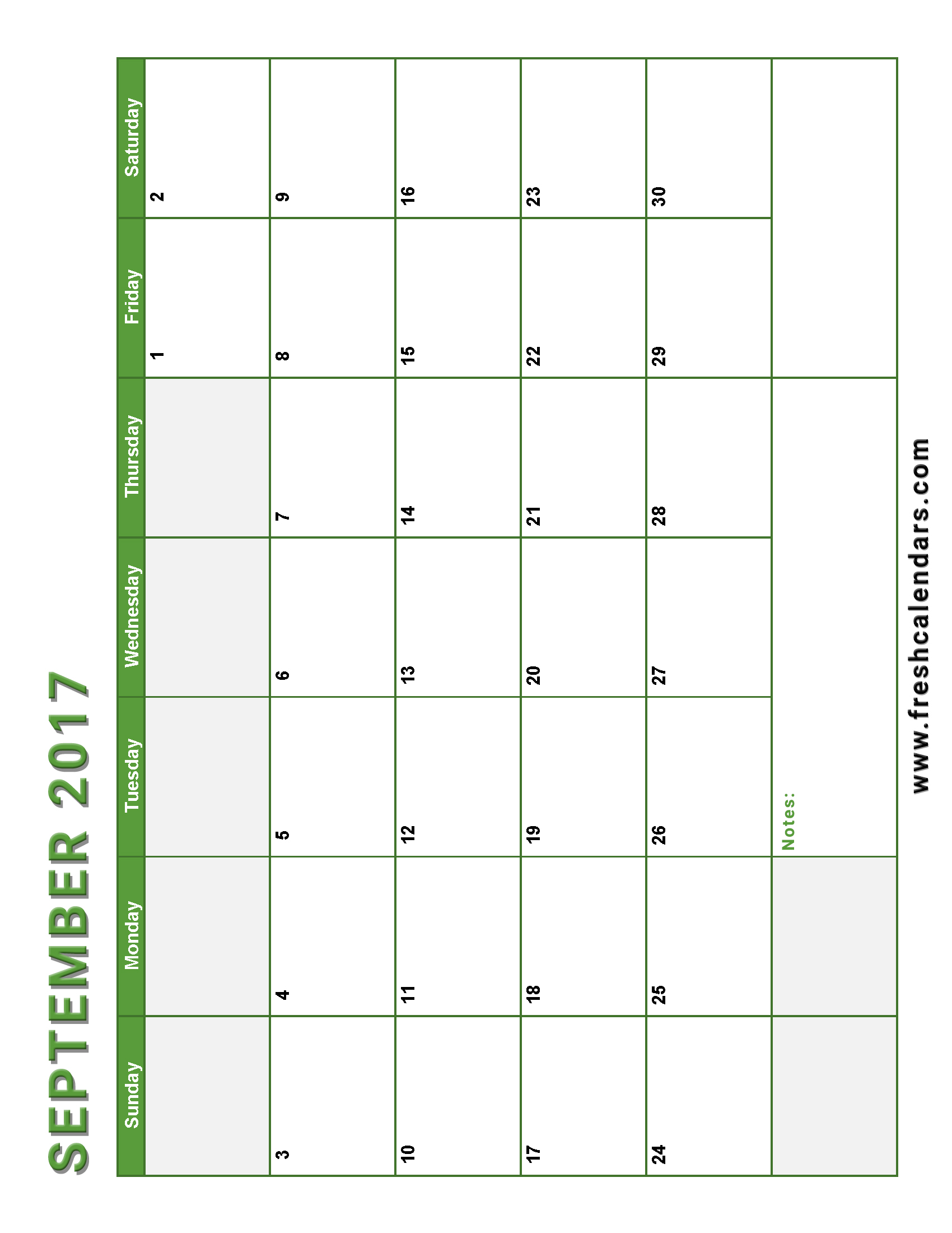 Vertical September 2017 Calendar Green Color Printable Free With Notes