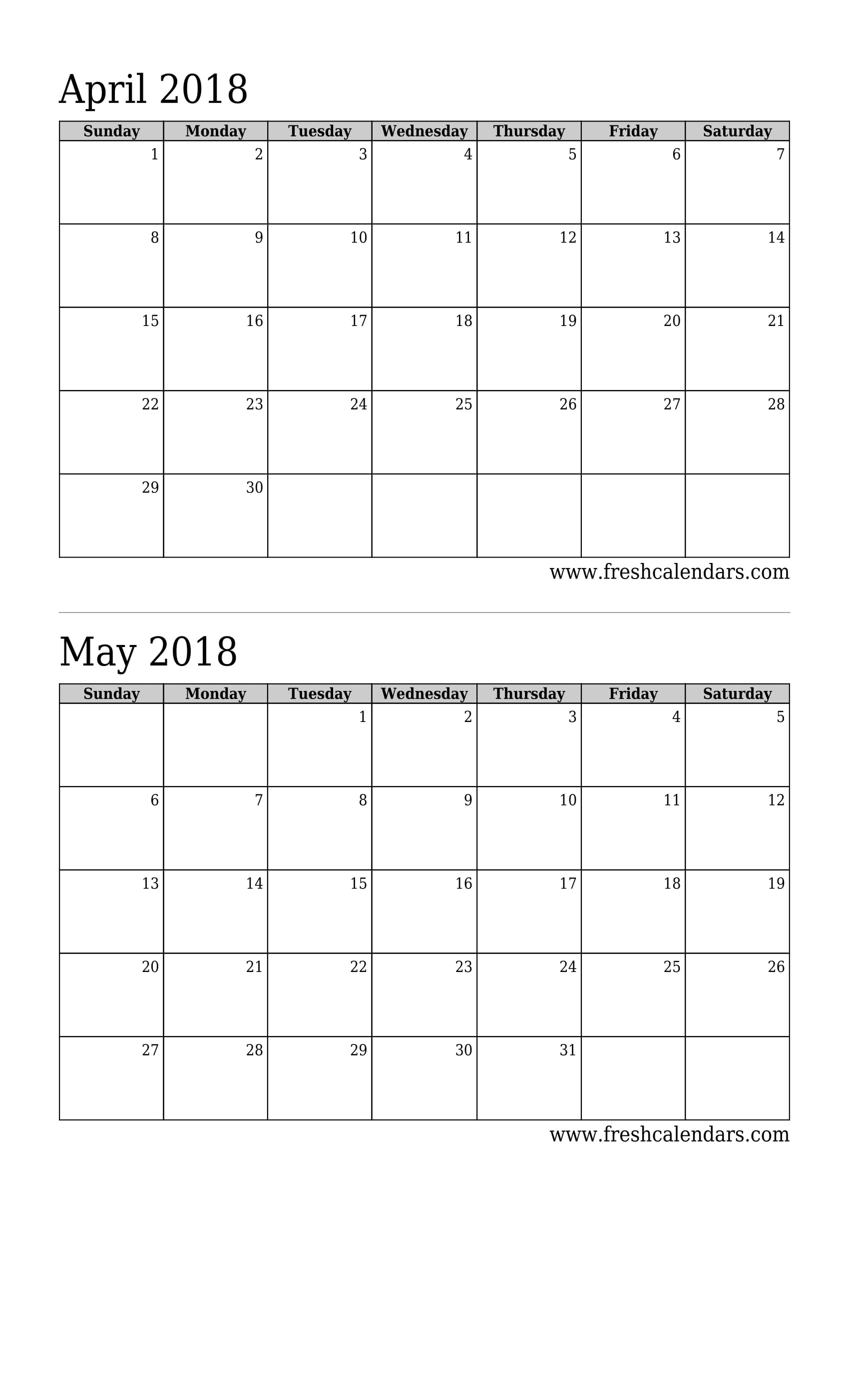 April 2018 Calendar 2 Months Calendar (Basic)