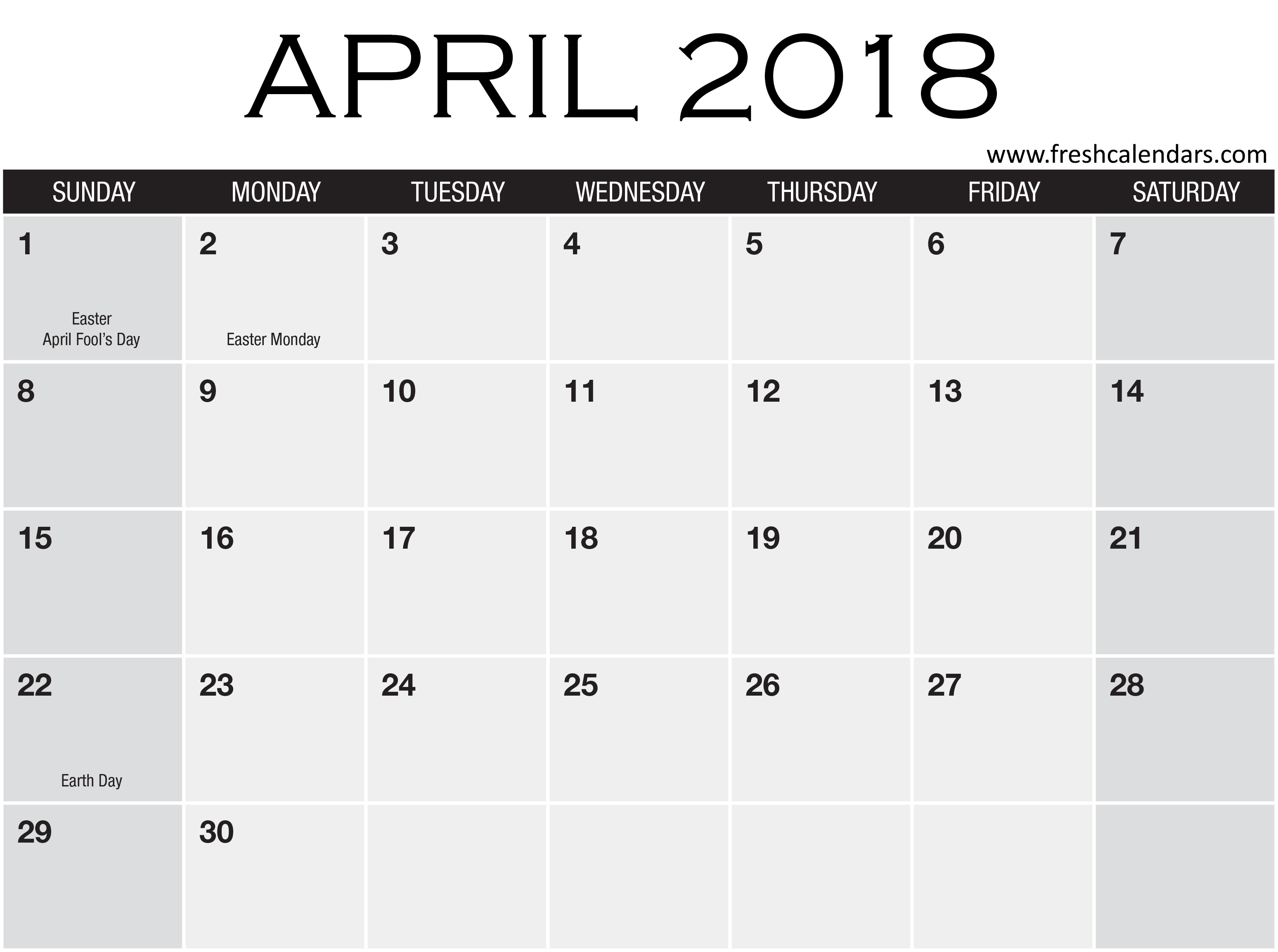 April 2018 Calendar With Holidays