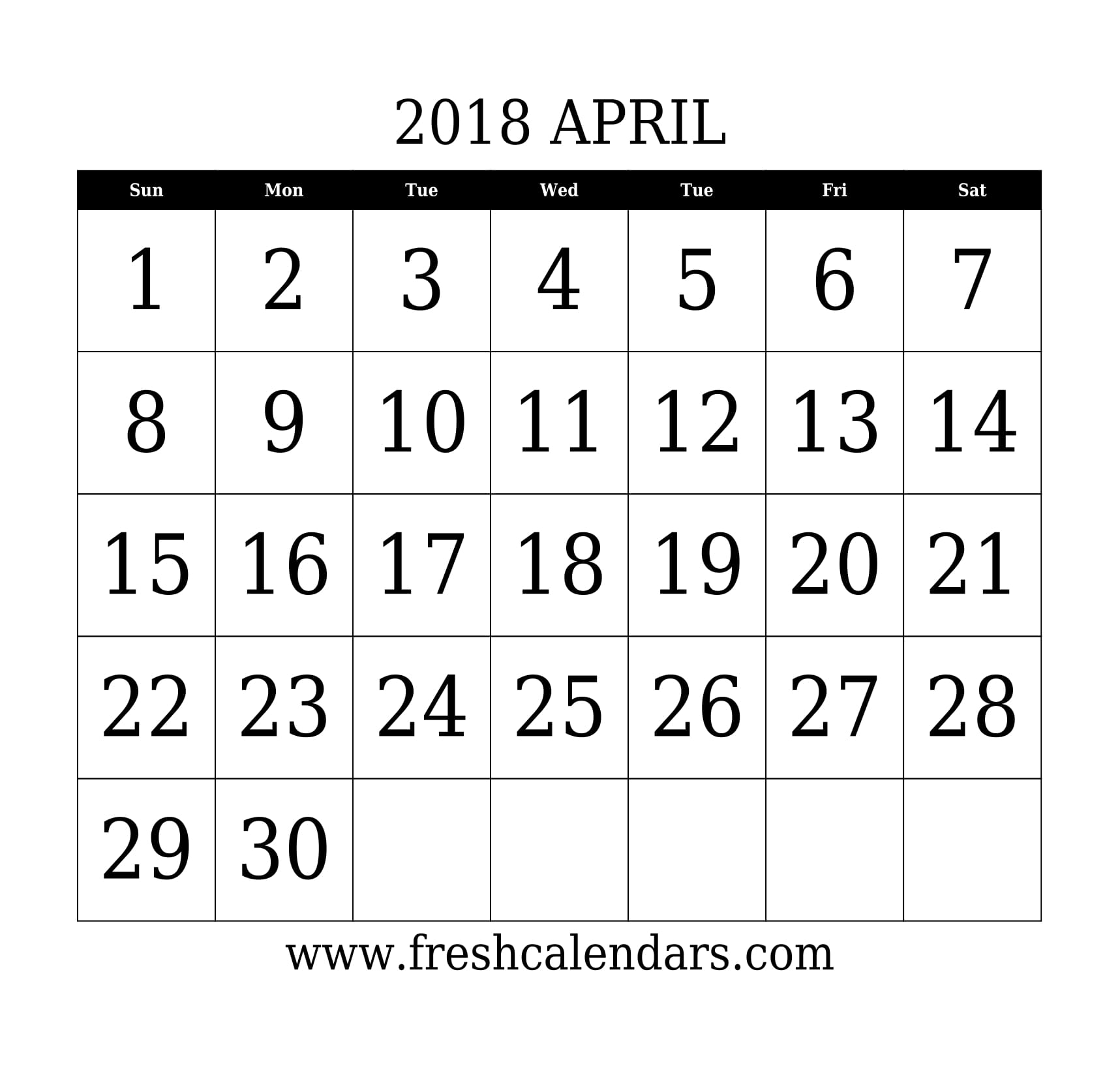 April 2018 Calendar With Large Dates