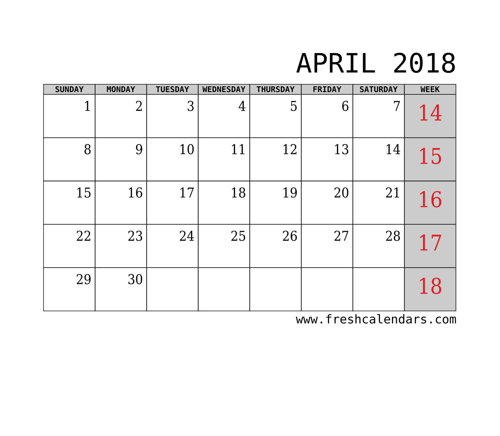 April 2018 Calendar With Week Template Printable