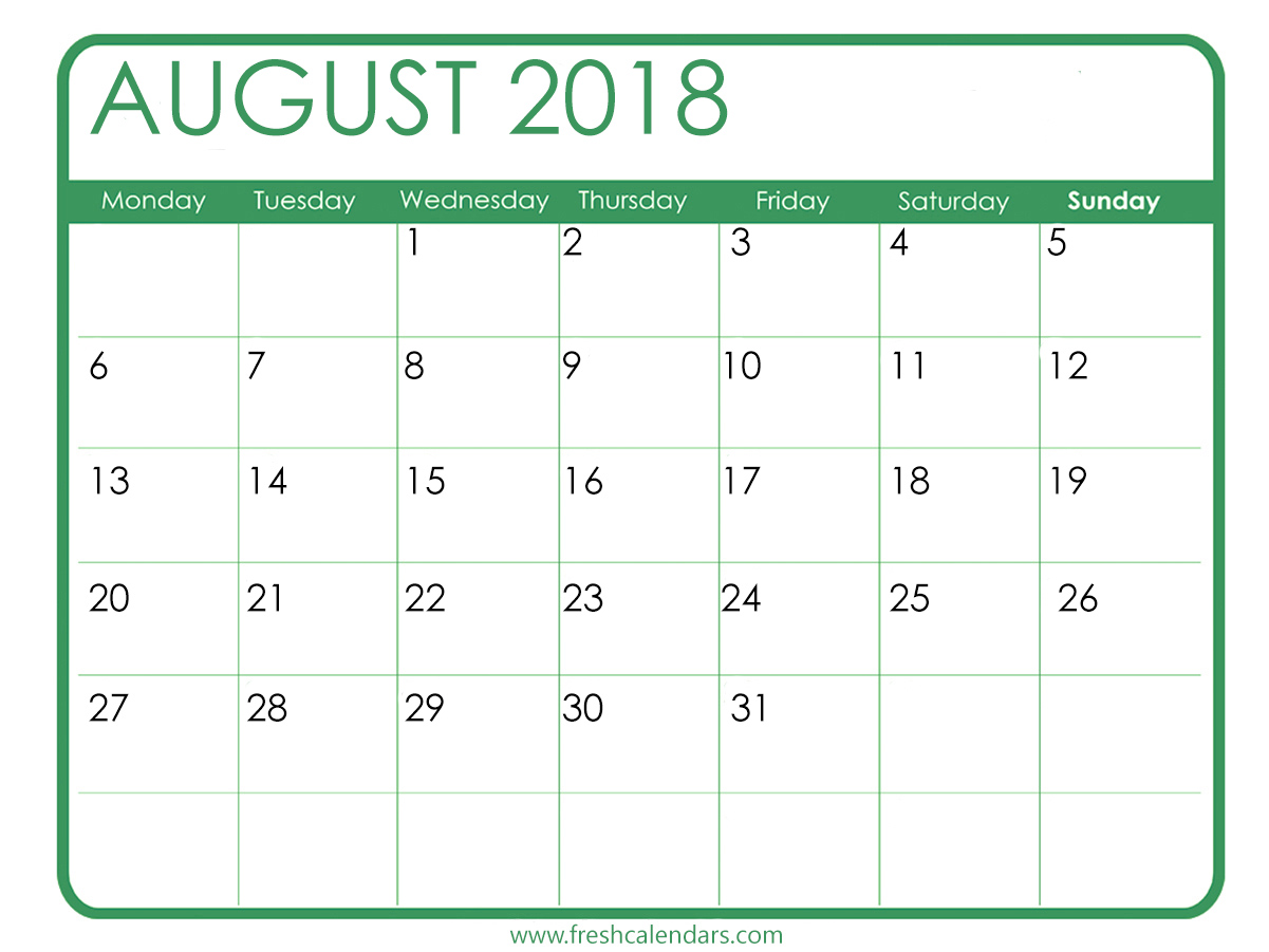 Aug 2018 Calendar Green