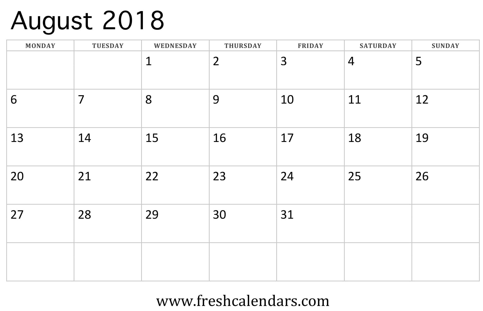 August 2018 Calendar (week starts on monday)