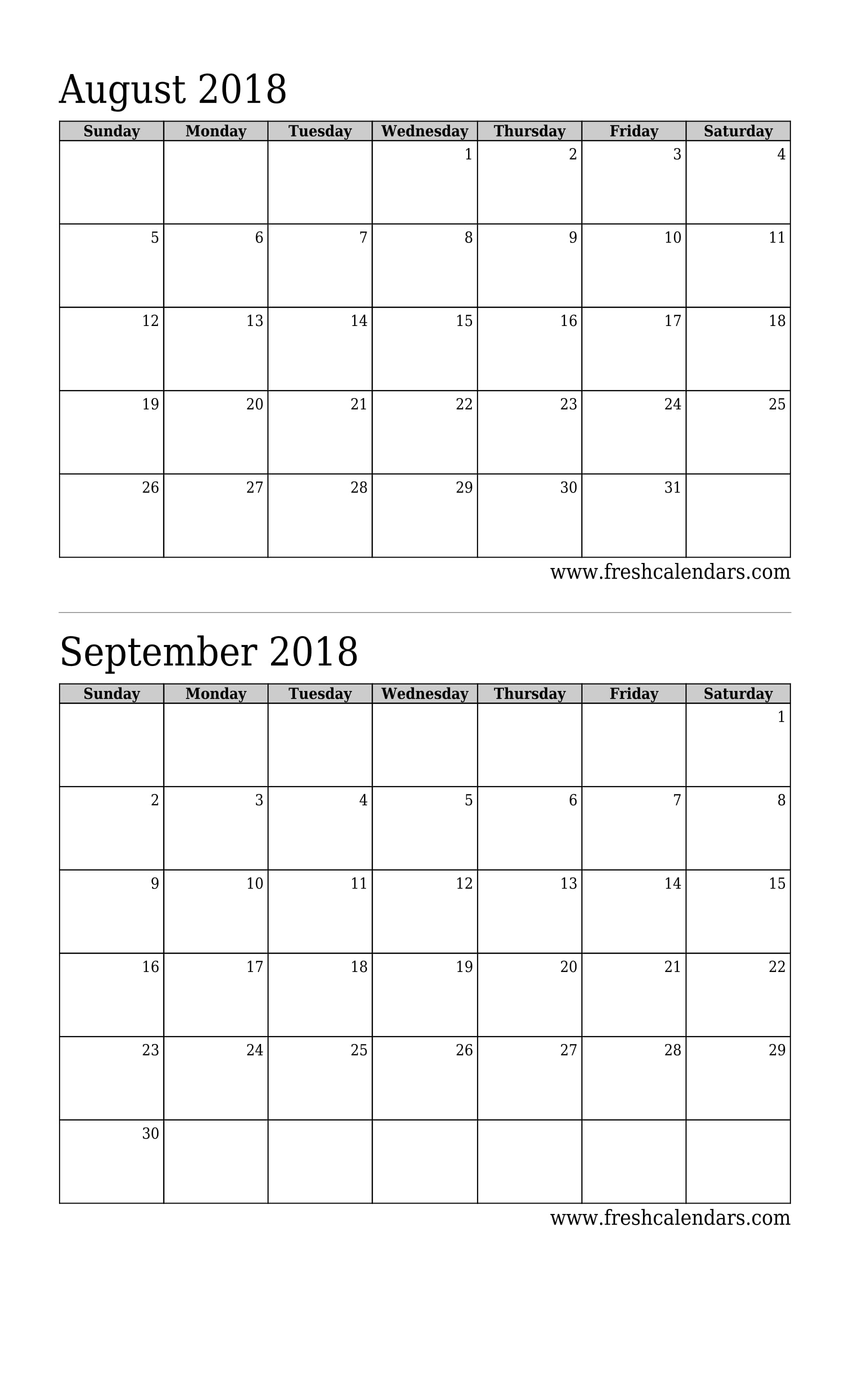 August 2018 Calendar 2 Months Calendar (Basic)