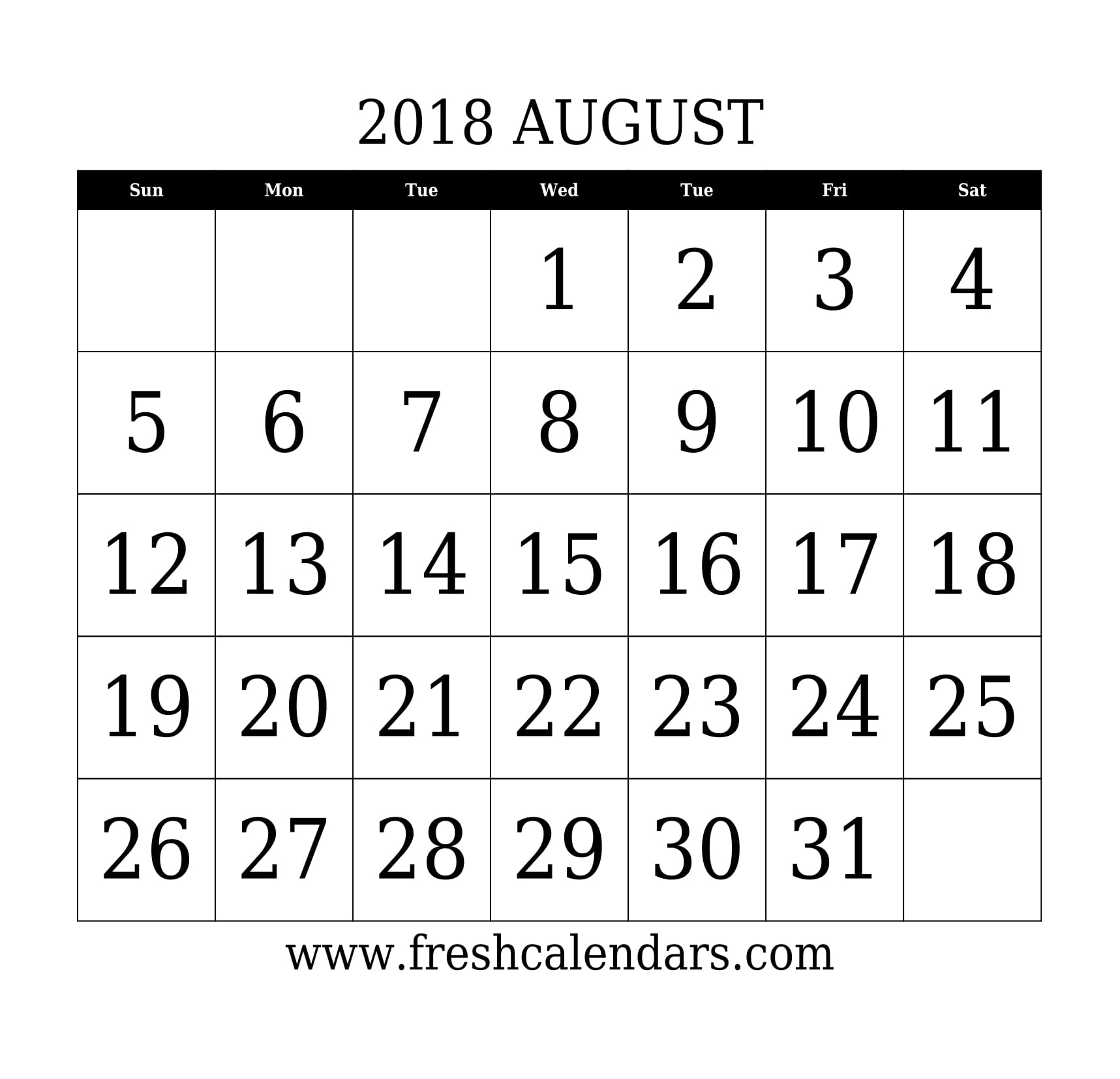 August 2018 Calendar With Large Dates