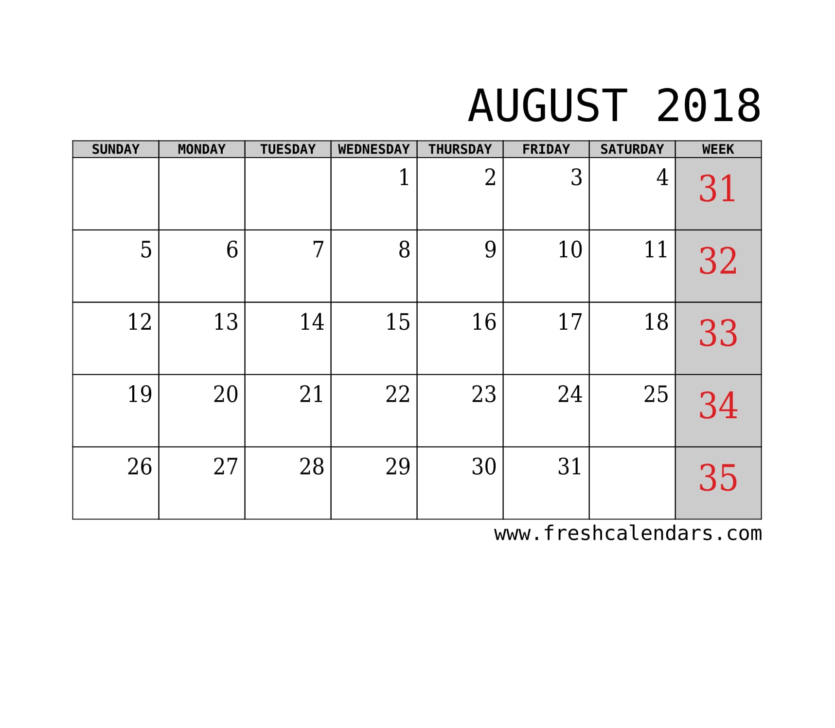 August 2018 Calendar With Week Template Printable