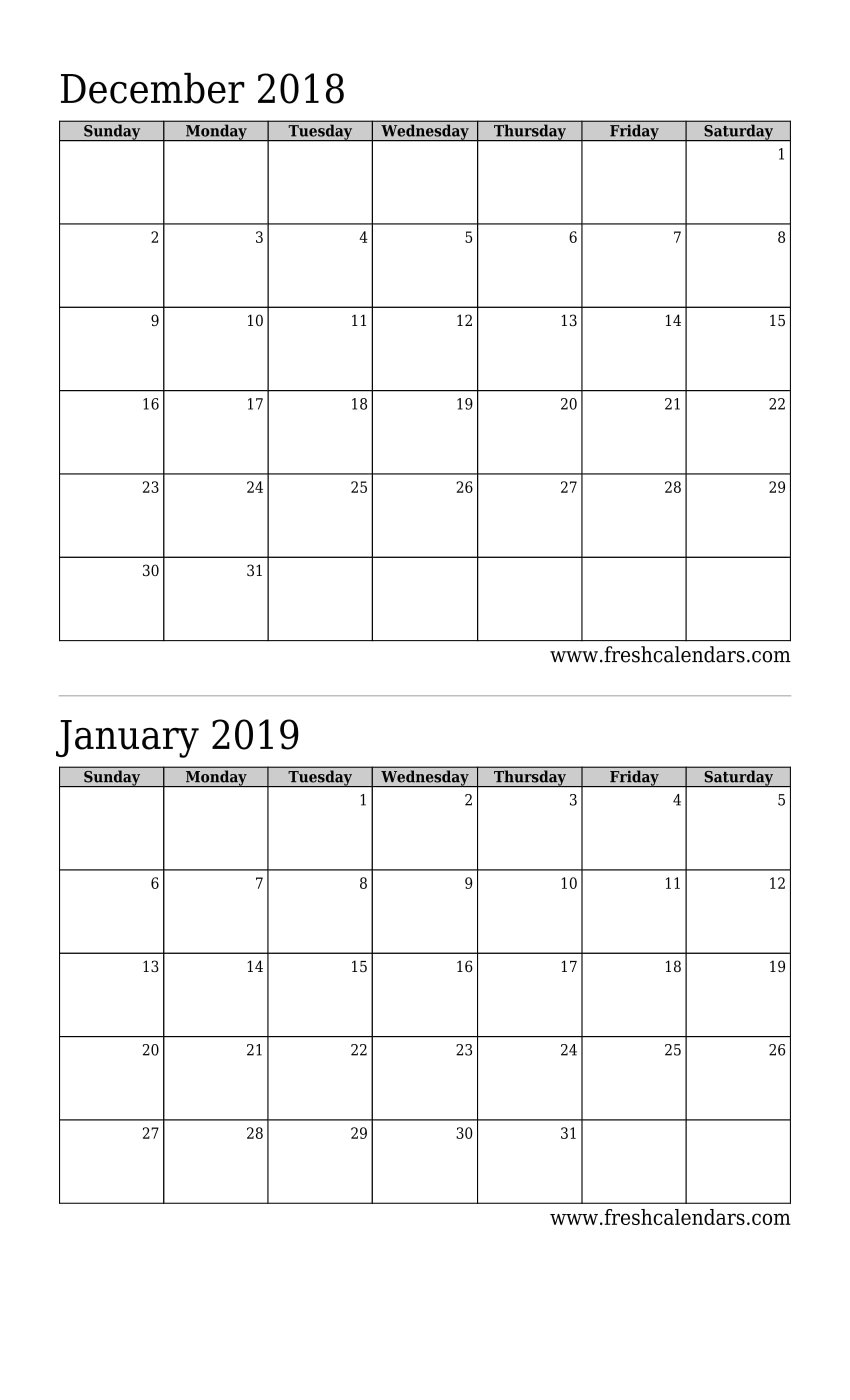 December 2018 Calendar 2 Months Calendar (Basic)