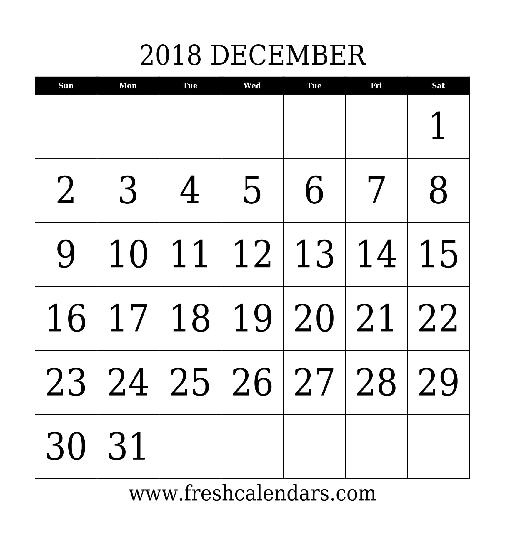 December 2018 Calendar With Large Dates