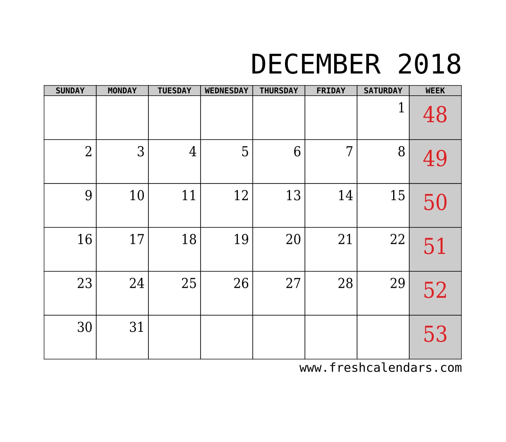 December 2018 Calendar With Week Template Printable 1