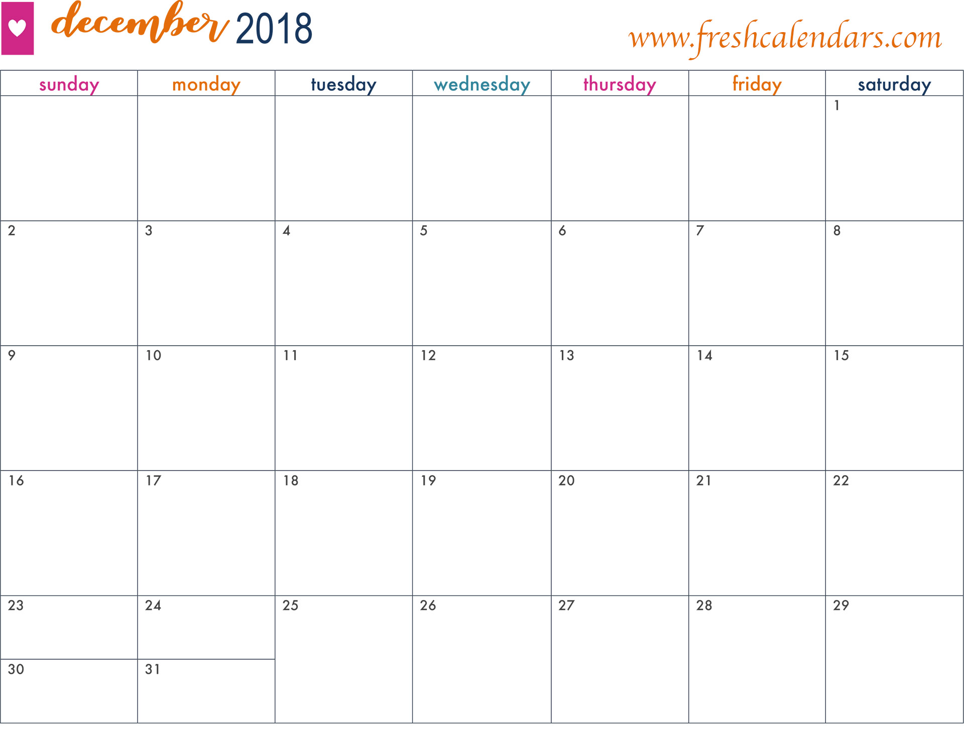 December calendar 2018 free colorful