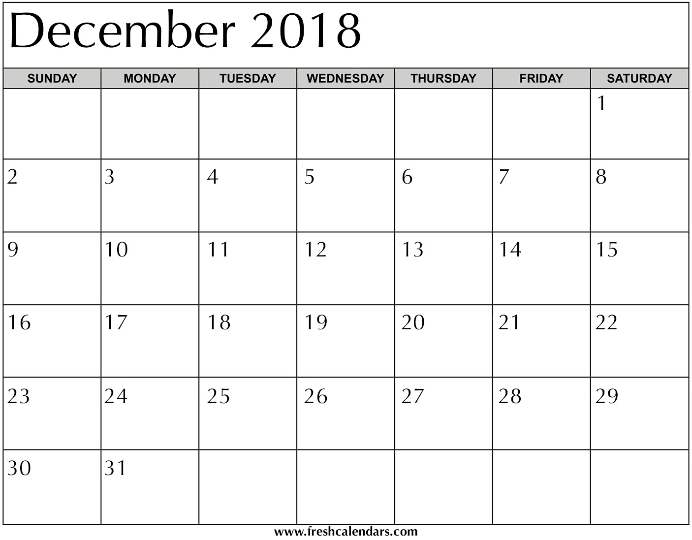 HD Printable 2018 calendar of december