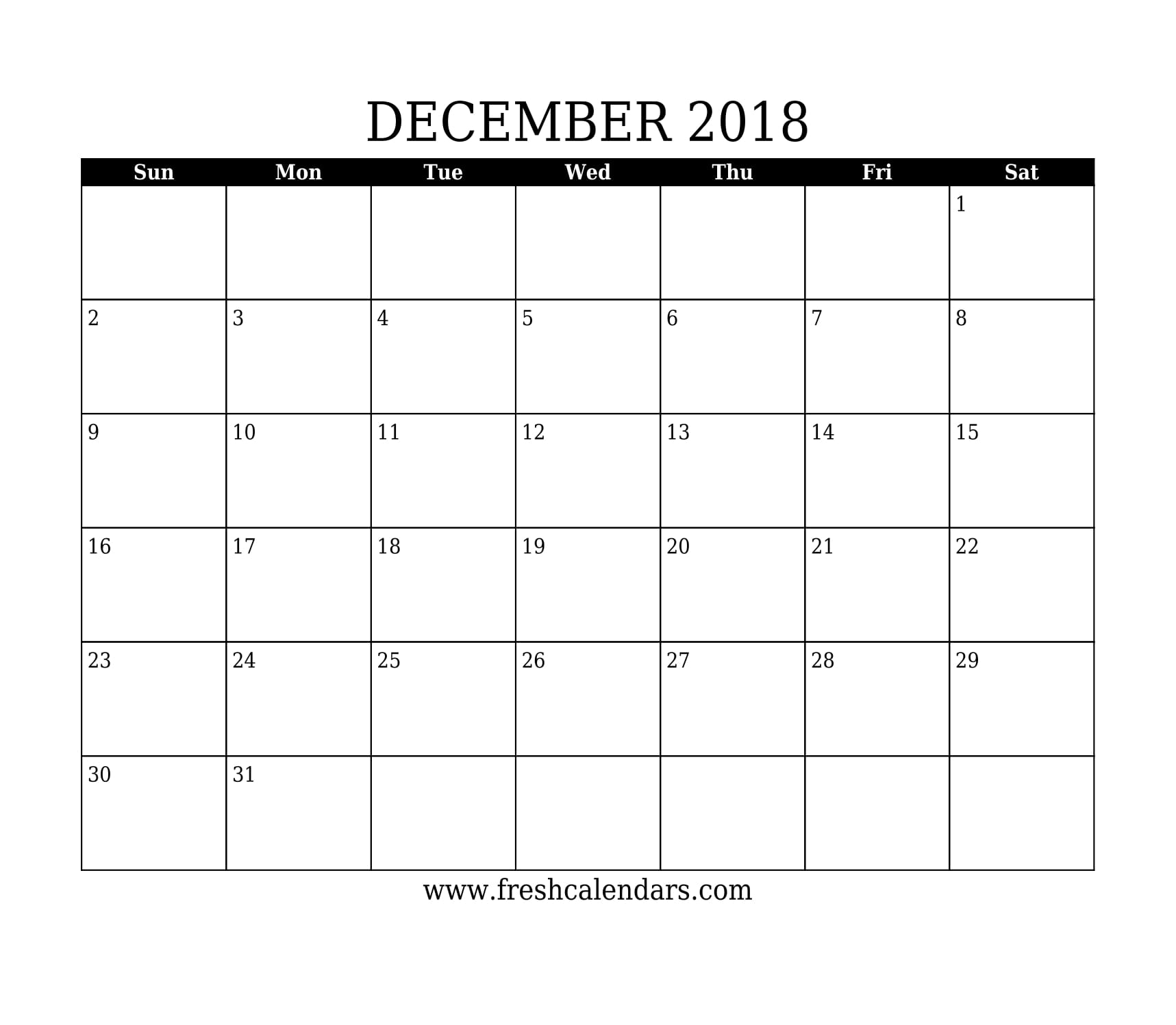 Simple and Strong December 2018 Calendar Printable Template