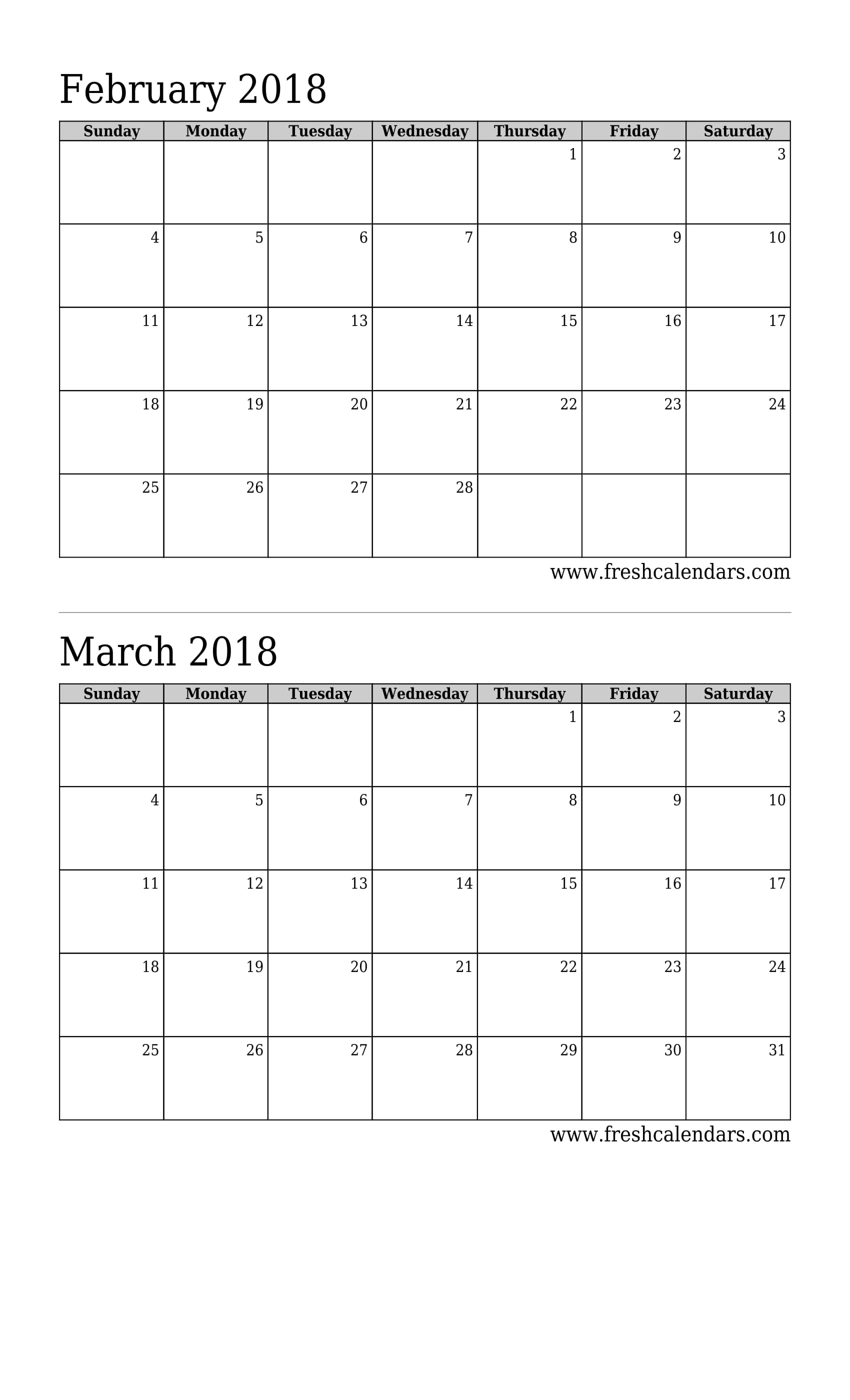 February 2018 Calendar 2 Months Calendar (Basic)