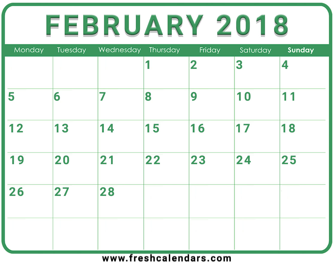 February 2018 Calendar Green Template Download PDF Word