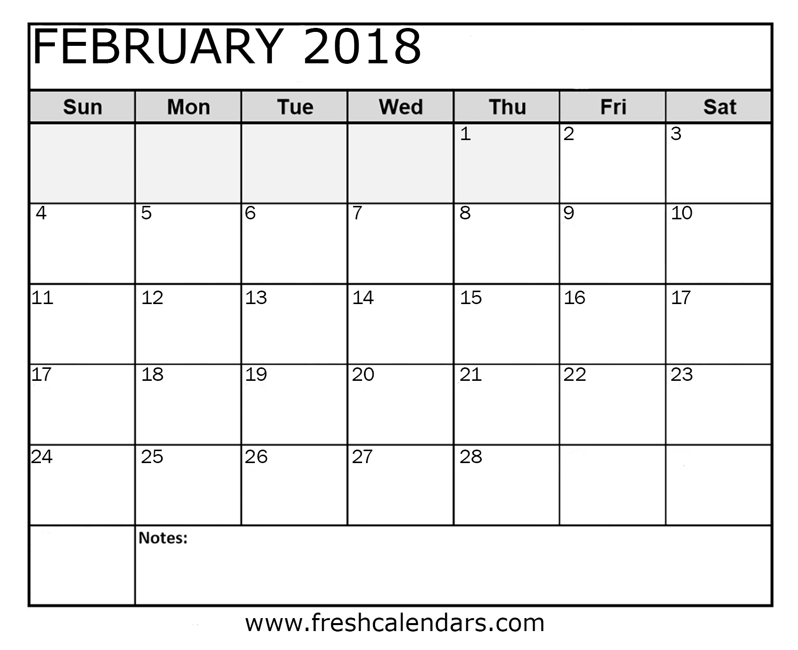 February 2018 Calendar Printable Word Pdf Format With Notes