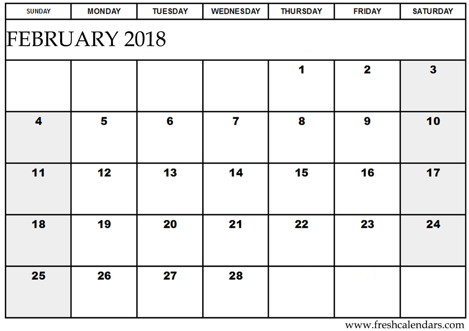 February 2018 Calendar Saturday and Sunday Highlight