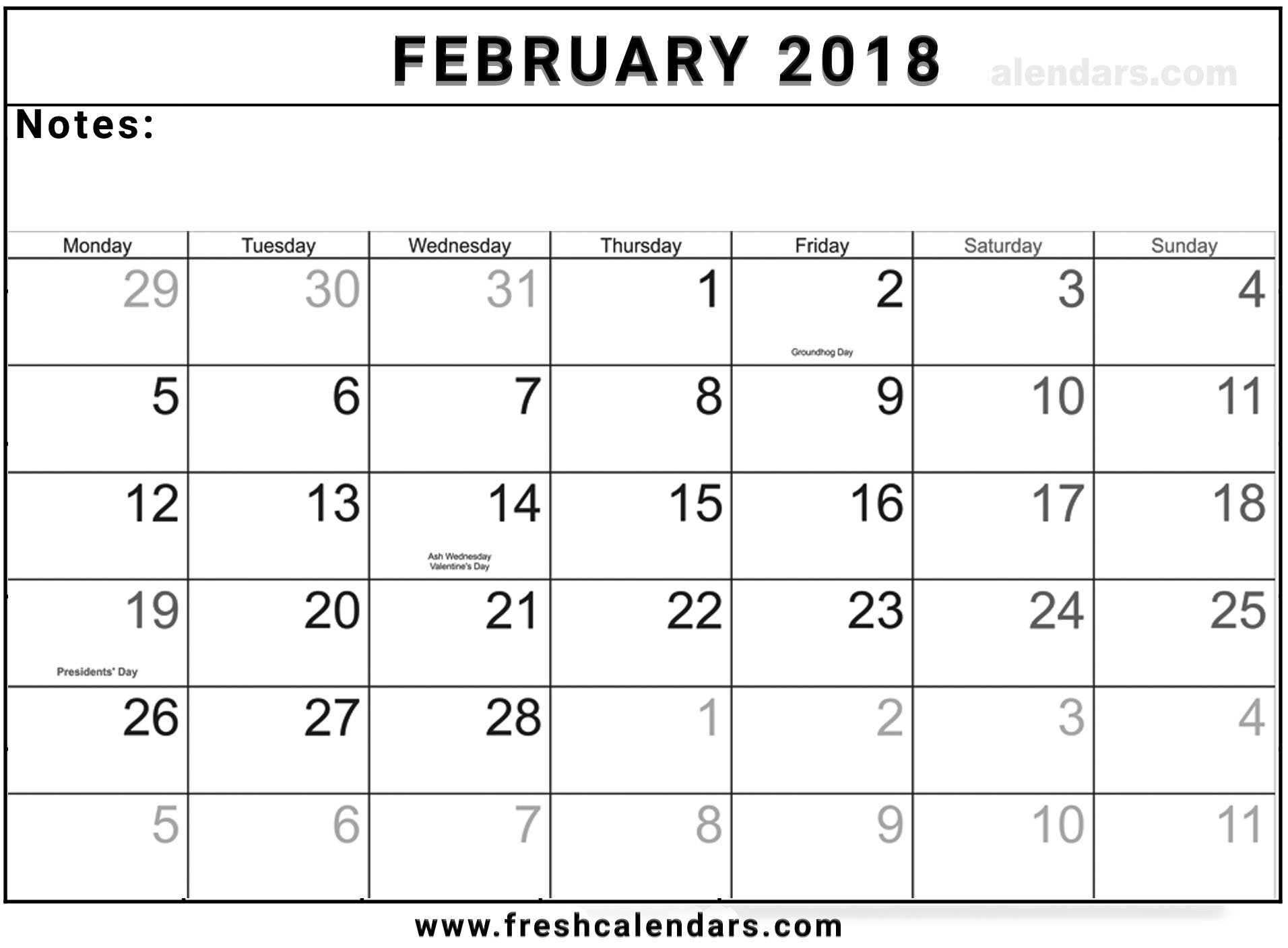 February 2018 Calendar With Holidays and Notes Space
