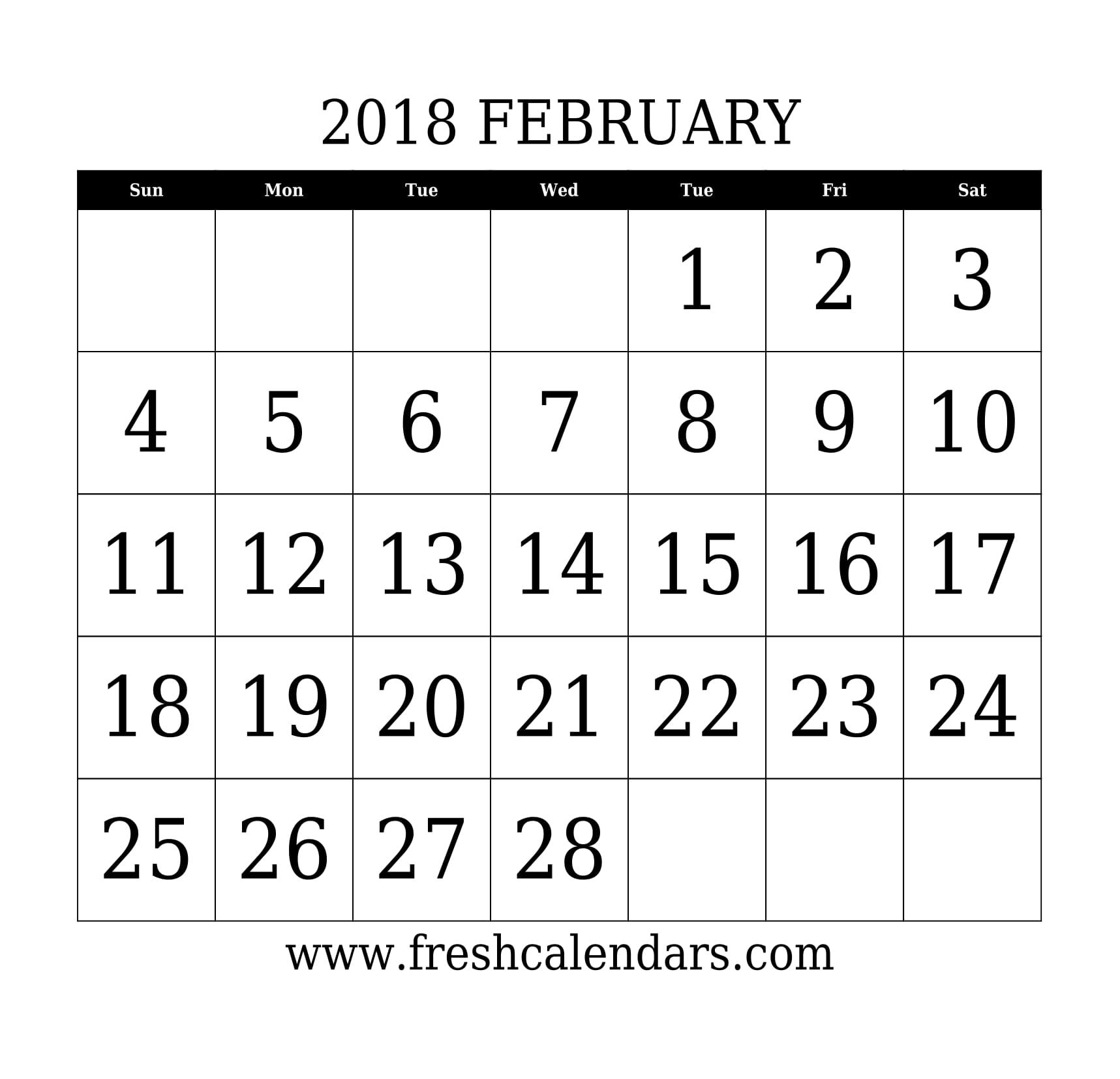 February 2018 Calendar With Large Dates