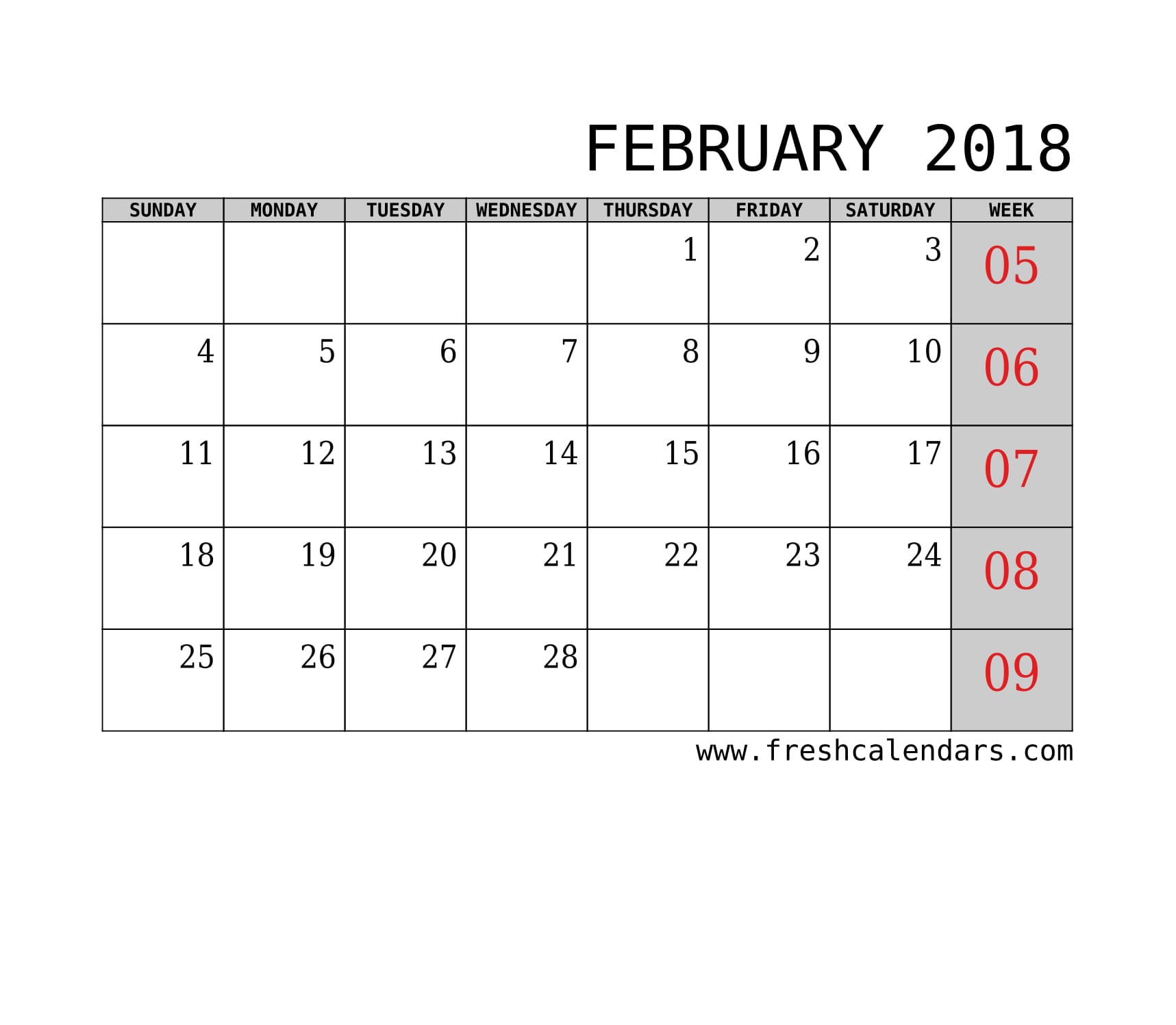 February 2018 Calendar With Week Template Printable