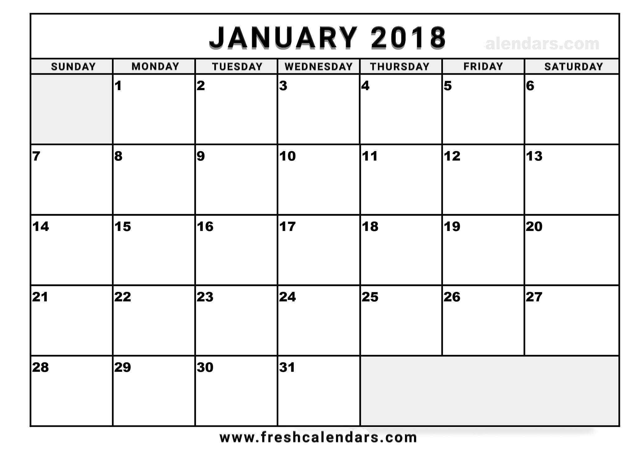 January 2018 Calendar Blank Free Printable