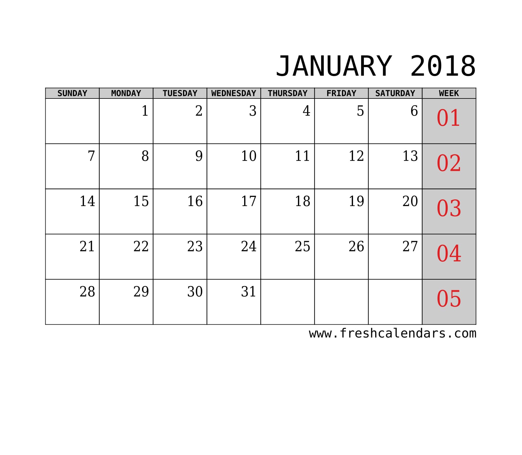January 2018 Calendar With Week Template Printable