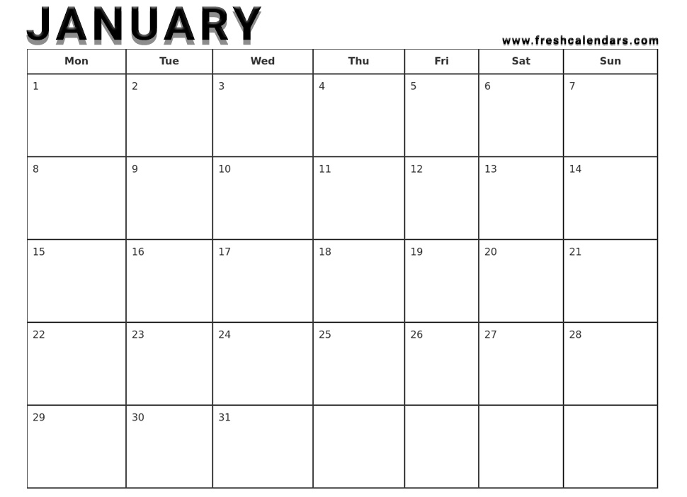 Printable January 2018 Calendar Monday Start Template