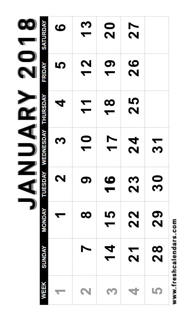 Vertical Bold January 2018 Printable Calendar With Week Number