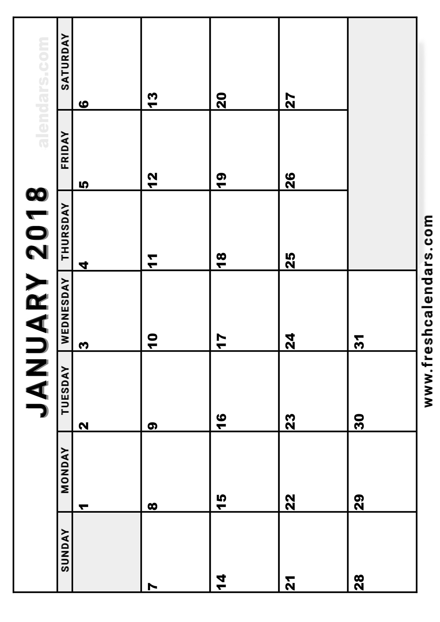 Vertical January 2018 Calendar Blank Free Printable