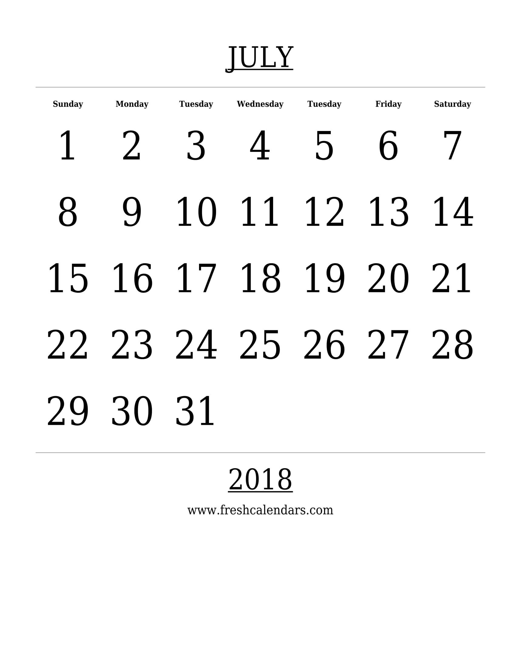 Free Printable Template July 2018 Calendar Bold Style