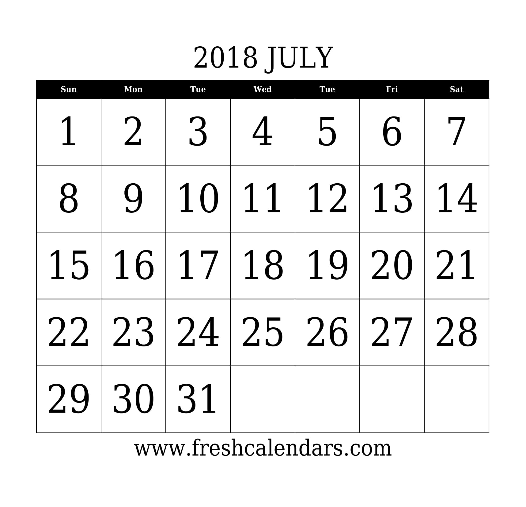 July 2018 Calendar With Large Dates