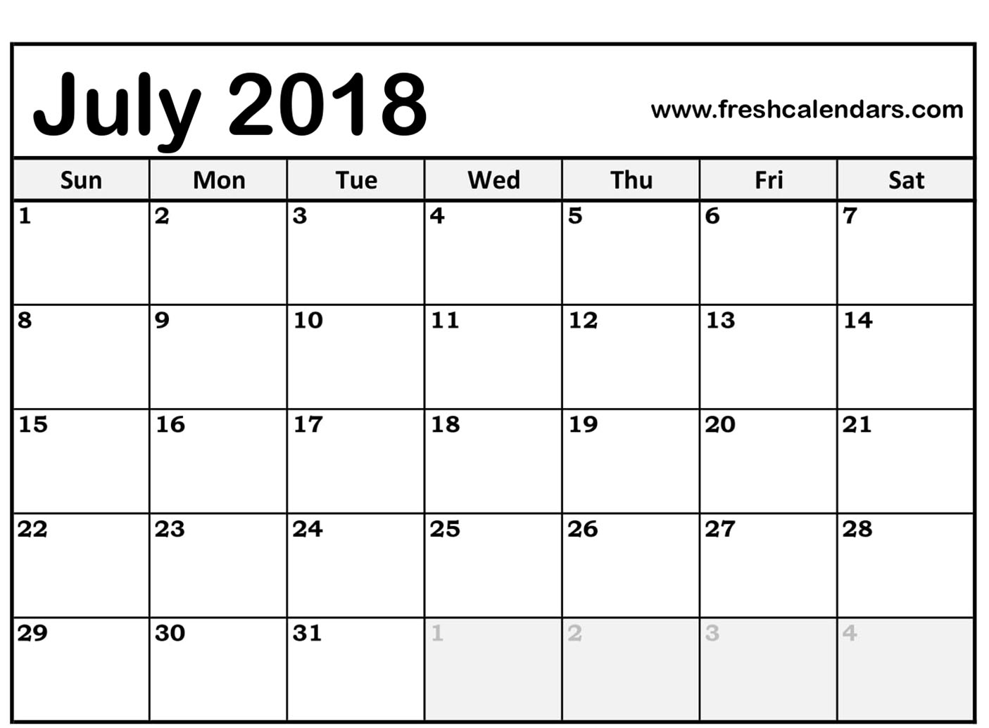calendar of 2018 july printable