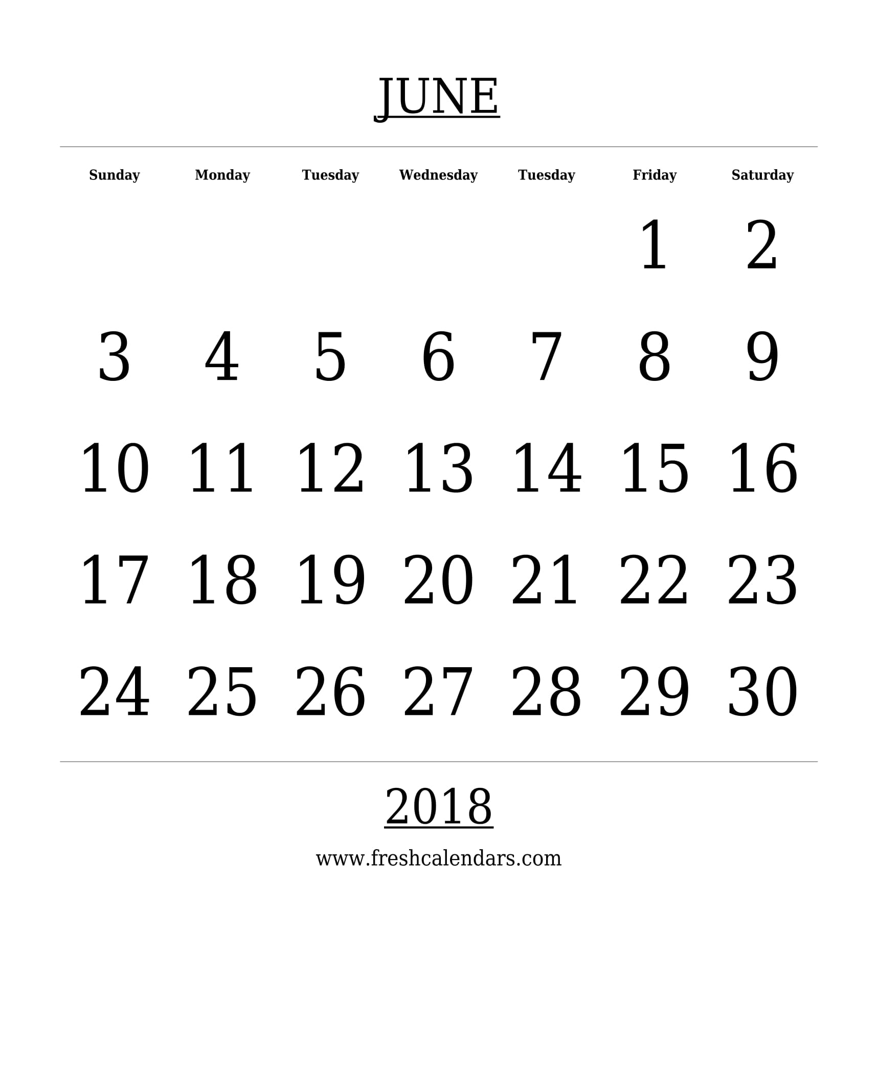 Free Printable Template June 2018 Calendar Bold Style