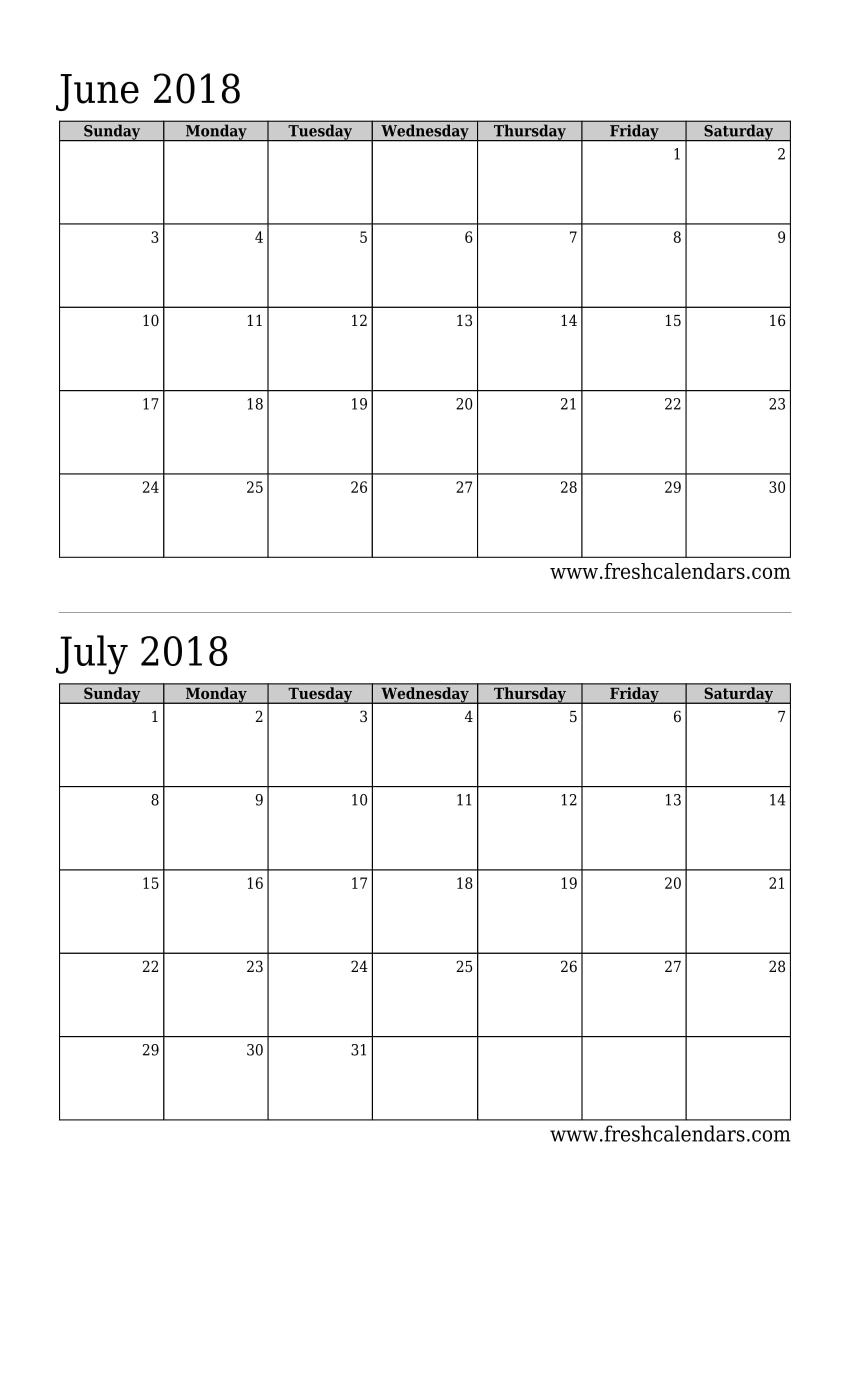 June 2018 Calendar 2 Months Calendar (Basic)