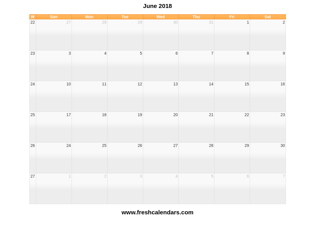 June 2018 Calendar With Week Free Printable