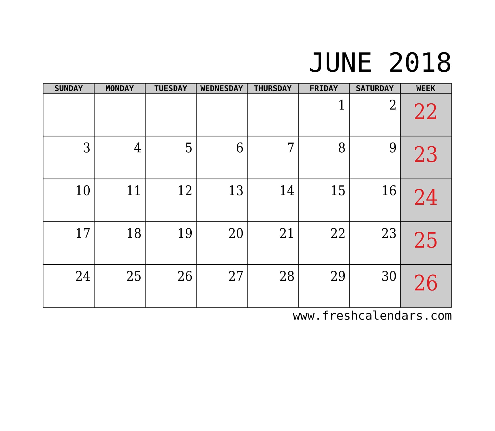June 2018 Calendar With Week Template Printable