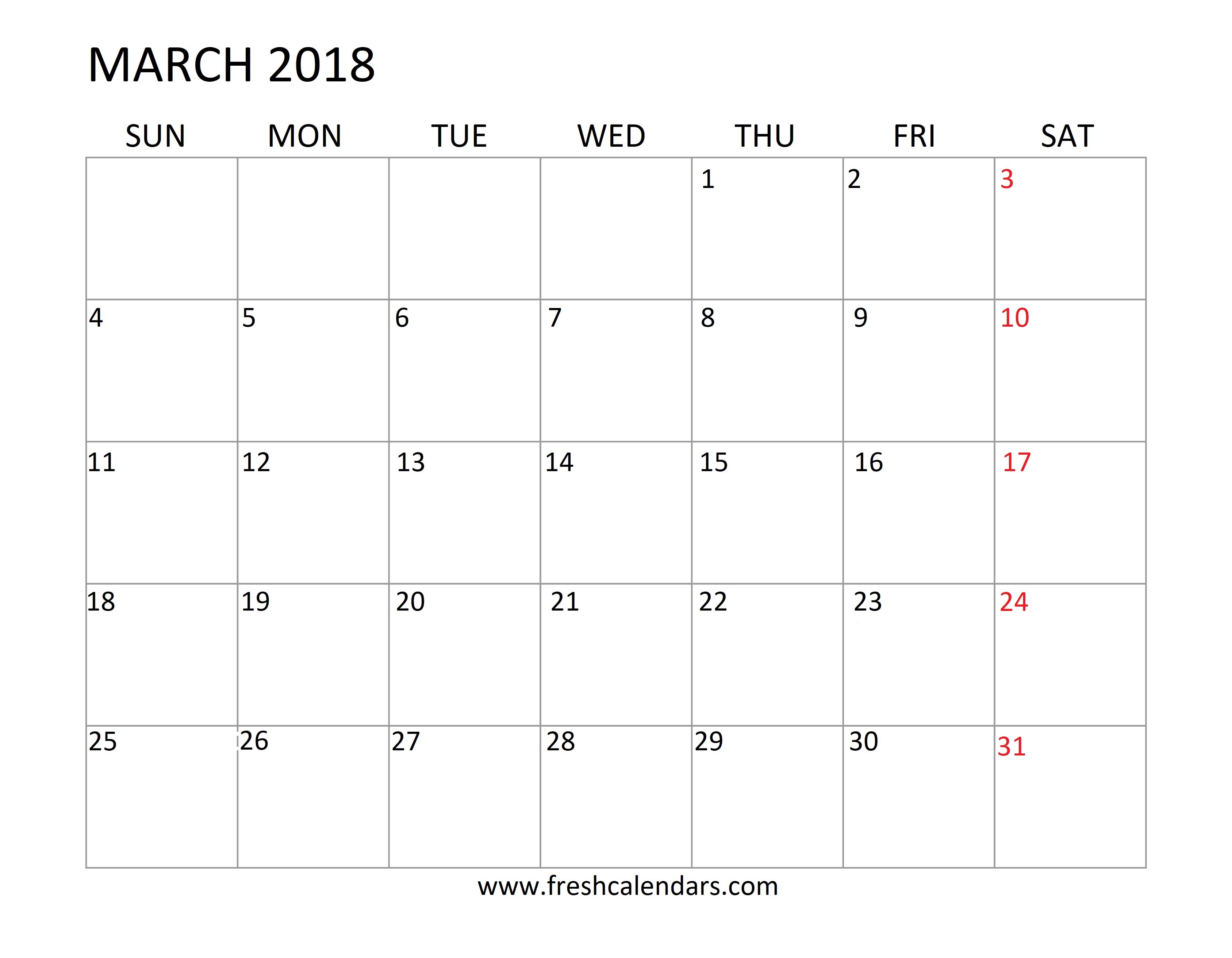 Mar 2018 Calendar Printable Format
