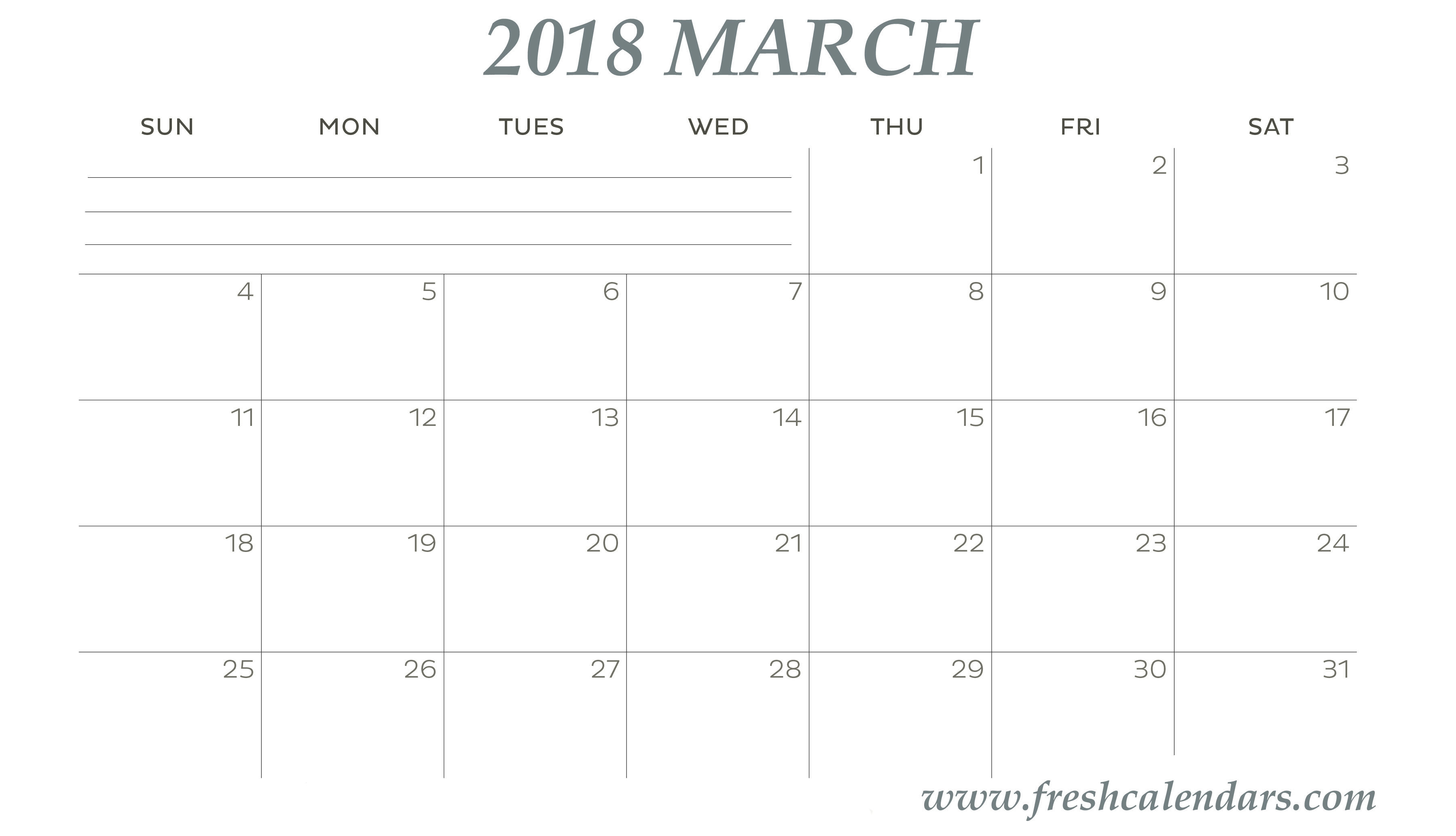 March 2018 Calendar Color Gray