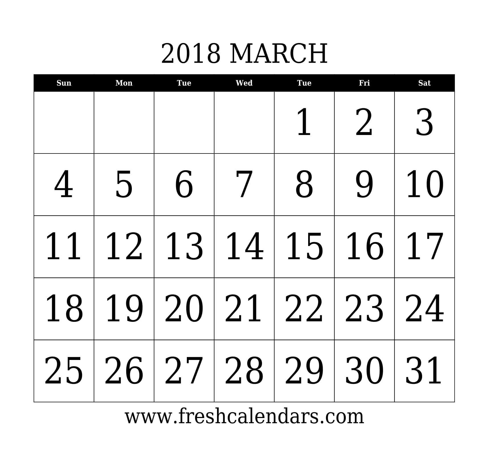 March 2018 Calendar With Large Dates