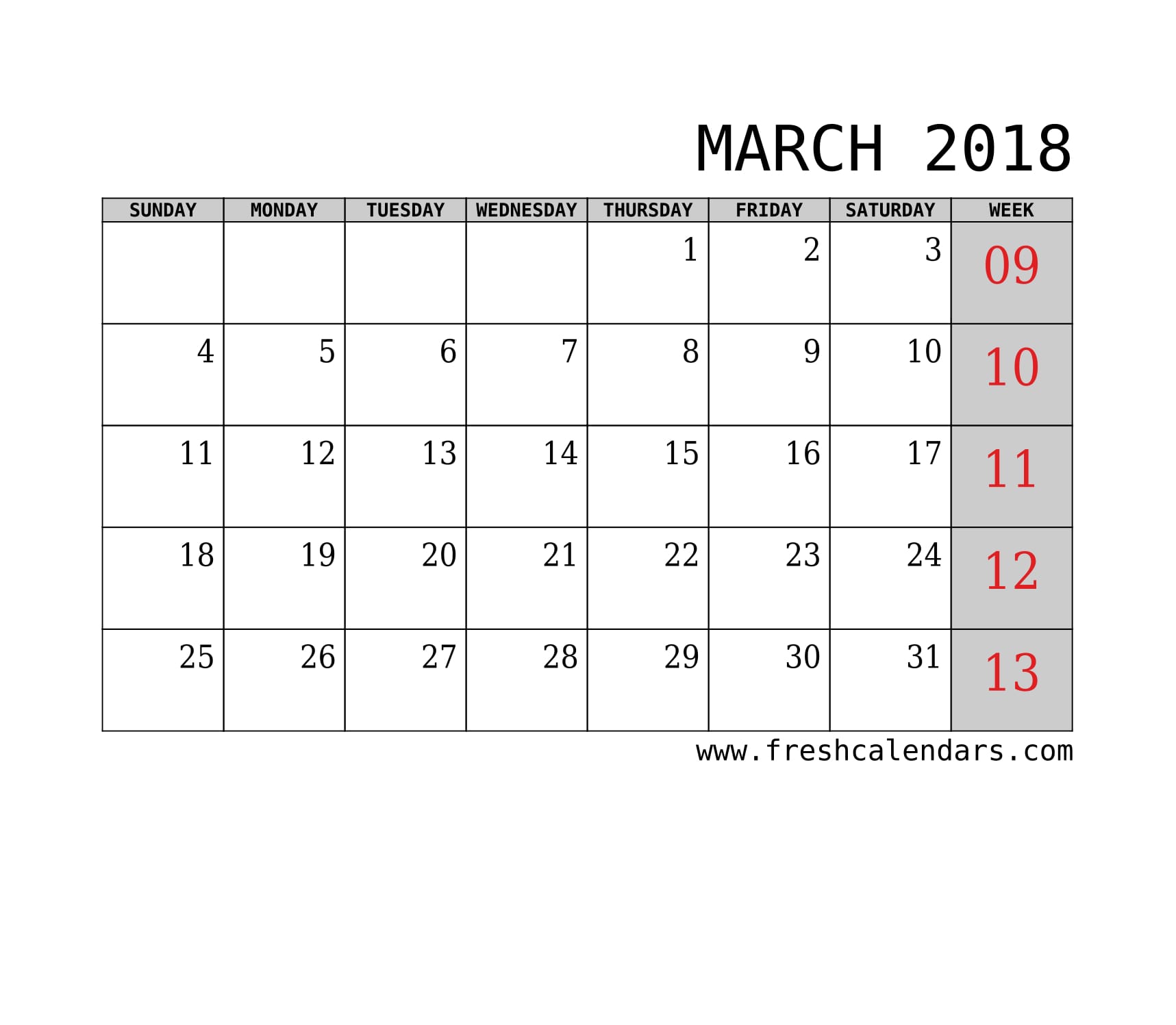 March 2018 Calendar With Week Template Printable