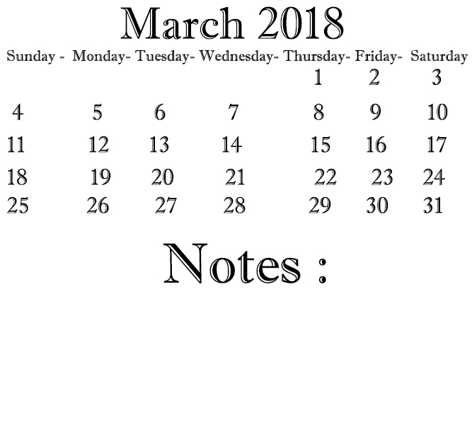 Professional Blank Calendar of March 2018 With Notes