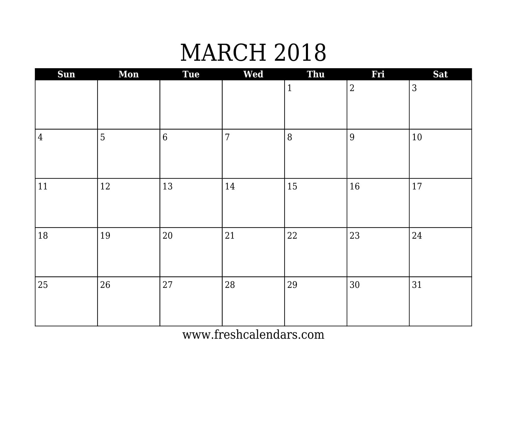 Simple and Strong March 2018 Calendar Printable Template