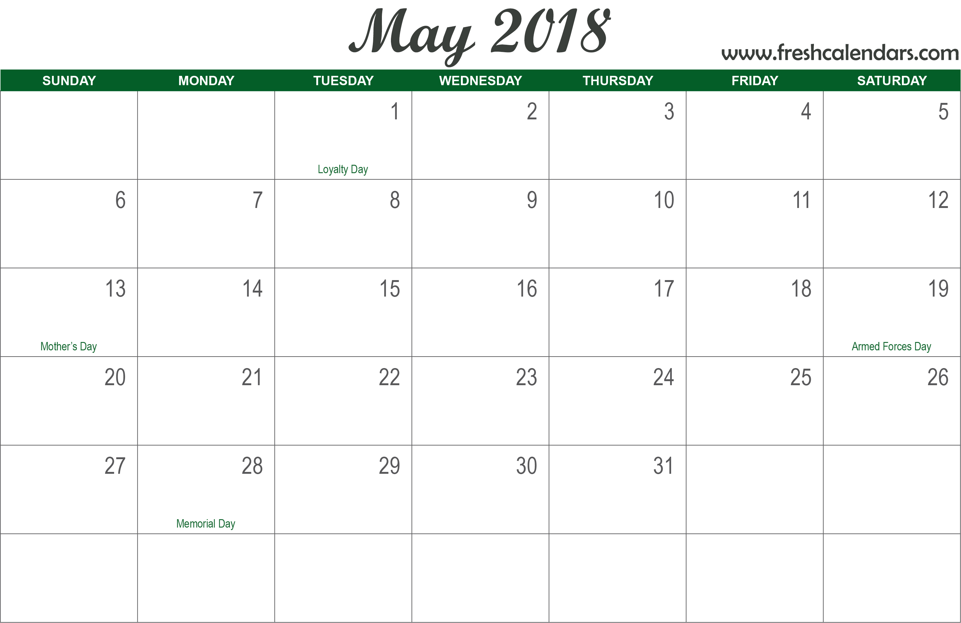 2018 May Calendar Italic Template