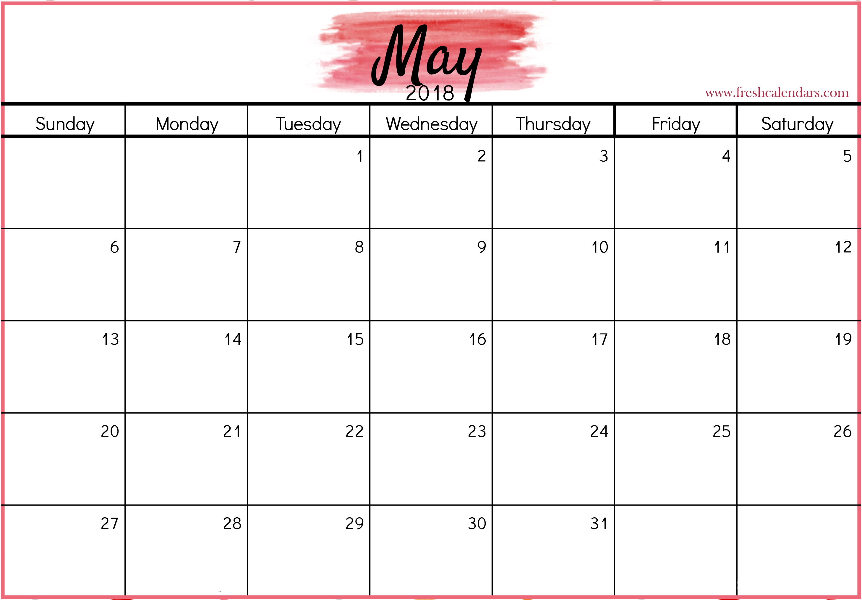 May 2018 Calendar Pink Color