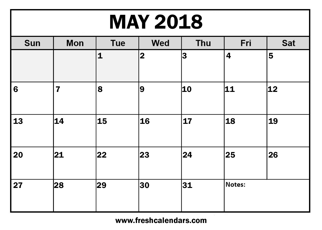 May Calendar of 2018 Blank Printable Download
