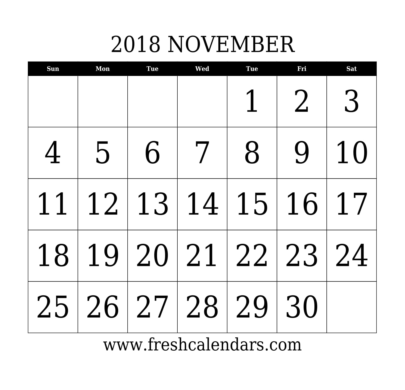 November 2018 Calendar With Large Dates
