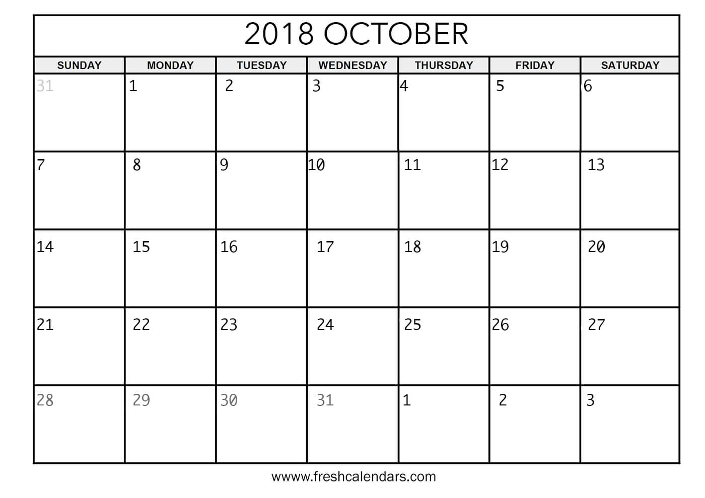 Calendar of October 2018 Blank Templates