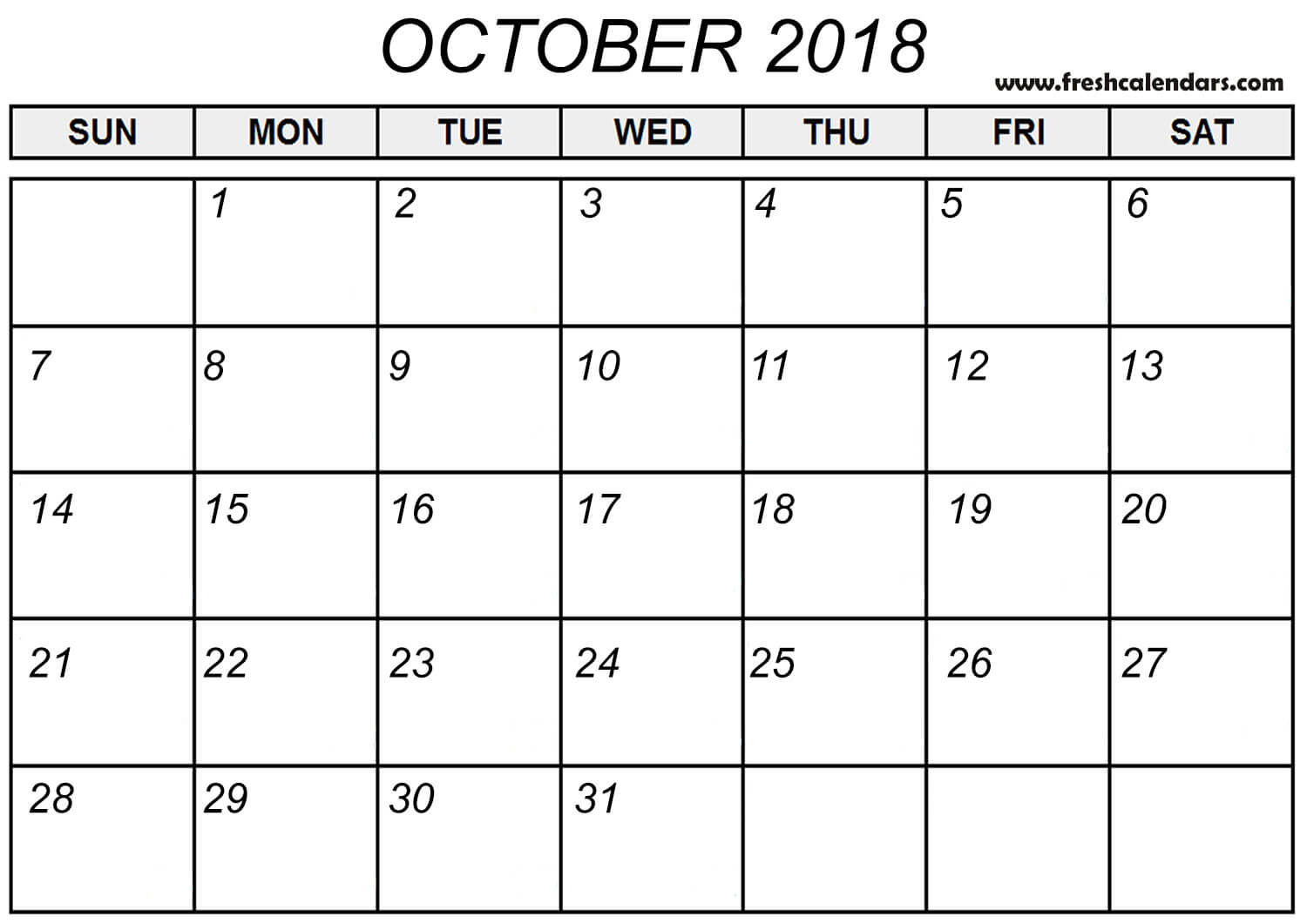 Oct 2018 Calendar